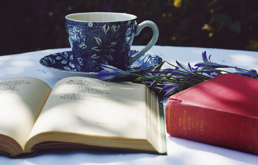 zbirka poezije "Tiho sunce" , book opened on top of white table beside closed red book and round blue foliage ceramic cup on top of saucer