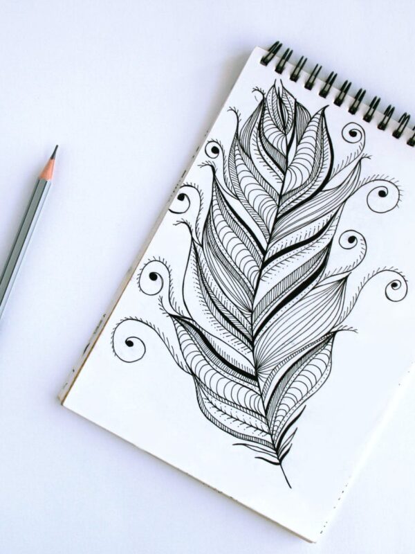 črčkarije i škrabotine, spring book with feather sketch